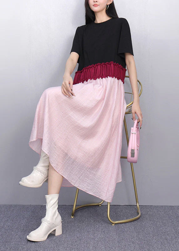 French Pink Patchwork Elastic Waist Maxi Dresses Summer - Image 4