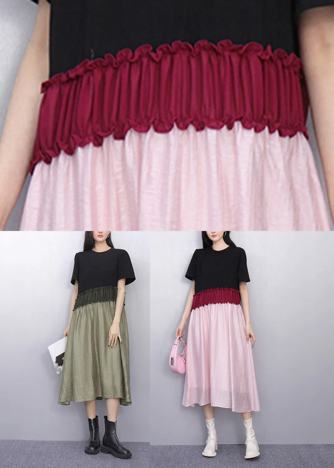 French Pink Patchwork Elastic Waist Maxi Dresses Summer - Image 5