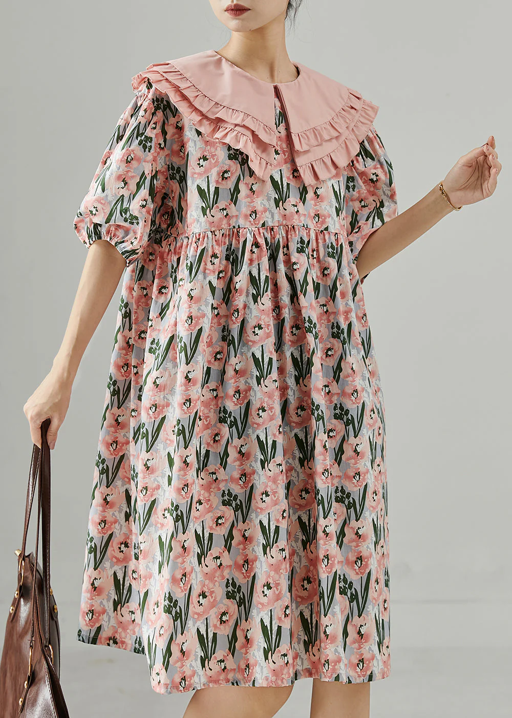 French Pink Peter Pan Collar Print Cotton Dresses Summer - Image 2