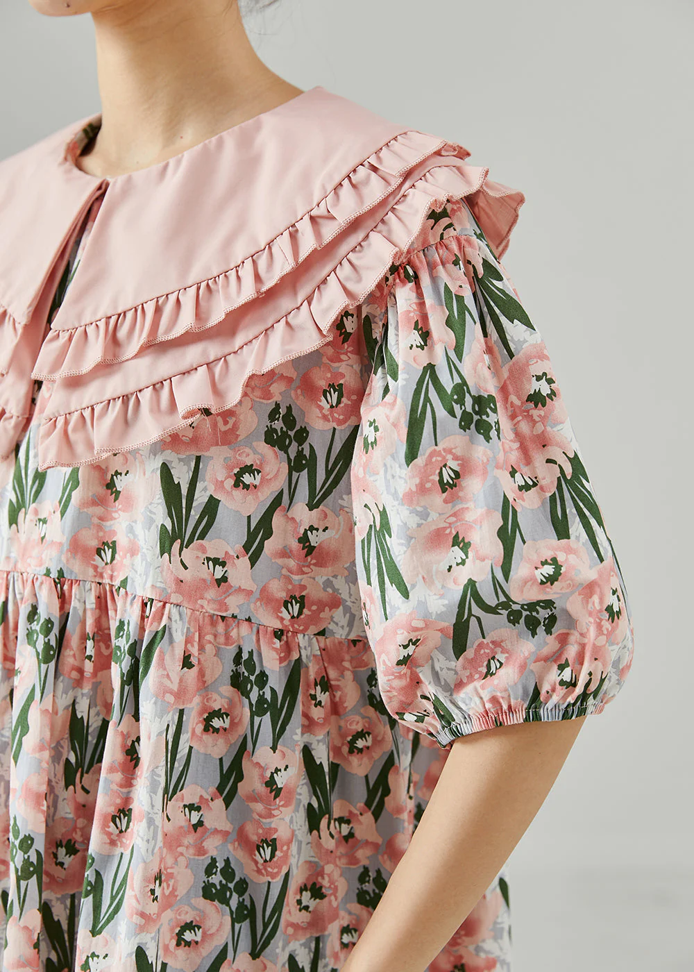 French Pink Peter Pan Collar Print Cotton Dresses Summer - Image 5