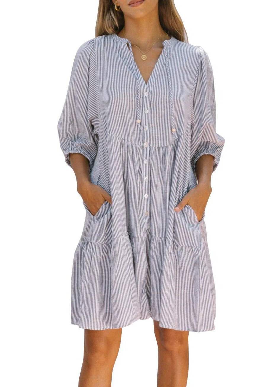 French Pink Peter Pan Collar Striped Mid Shirts Dress Half Sleeve - Image 2