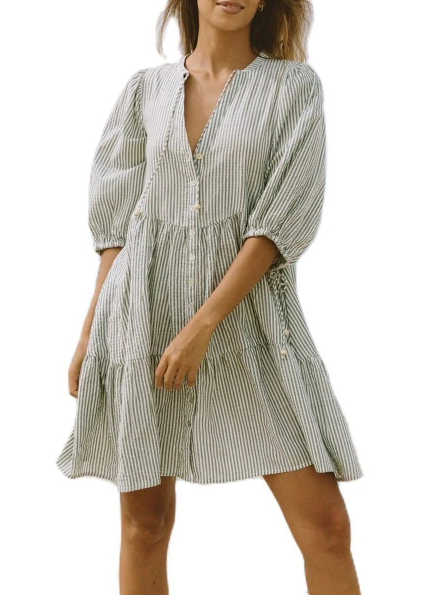 French Pink Peter Pan Collar Striped Mid Shirts Dress Half Sleeve - Image 3