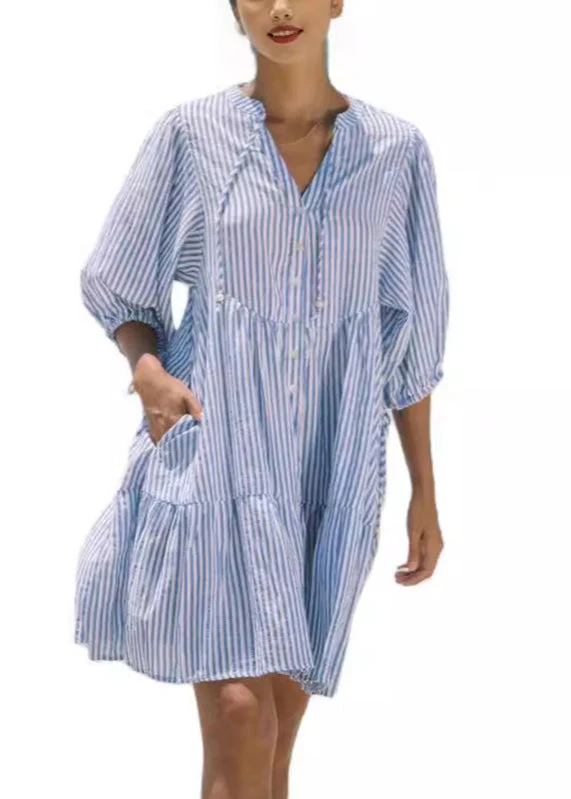 French Pink Peter Pan Collar Striped Mid Shirts Dress Half Sleeve - Image 4