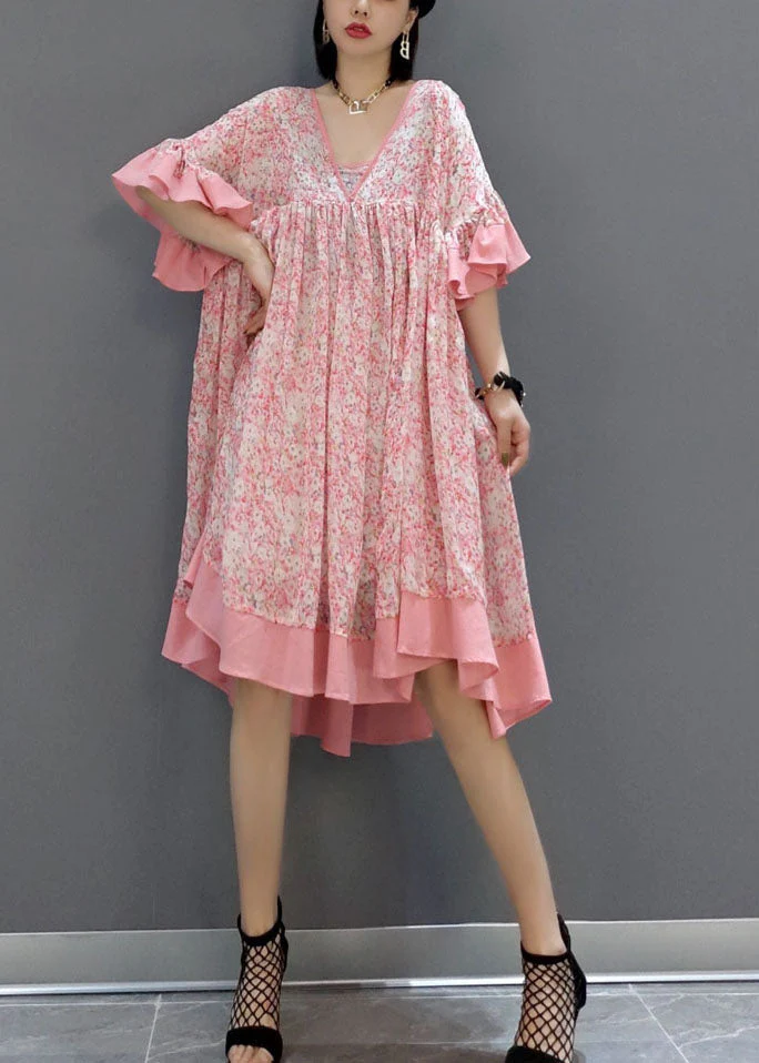 French Pink Print Exra Large Hem Chiffon Mid Dress Summer - Image 2