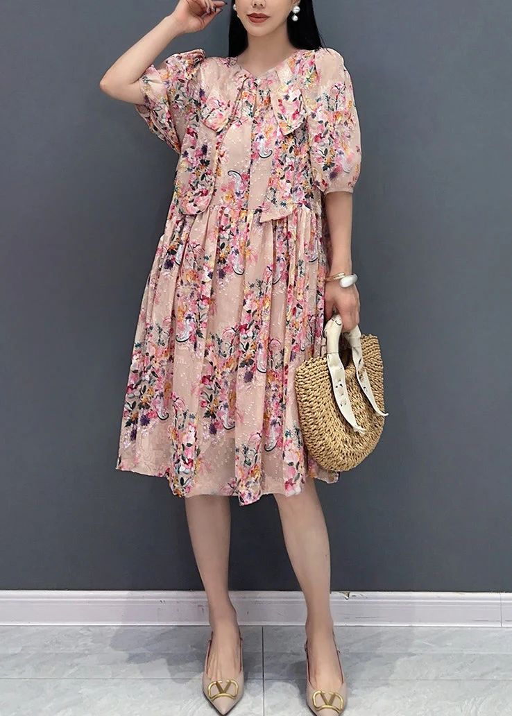 French Pink Print Fake Two Pieces Long Dress Summer - Image 2