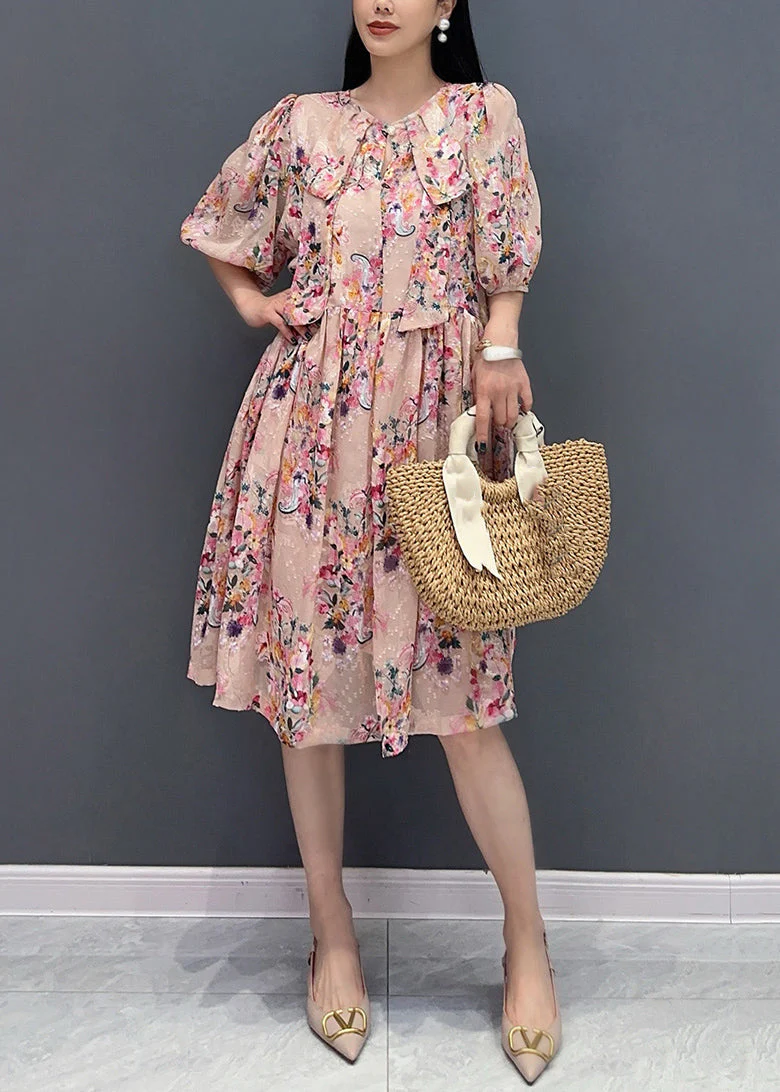 French Pink Print Fake Two Pieces Long Dress Summer - Image 3