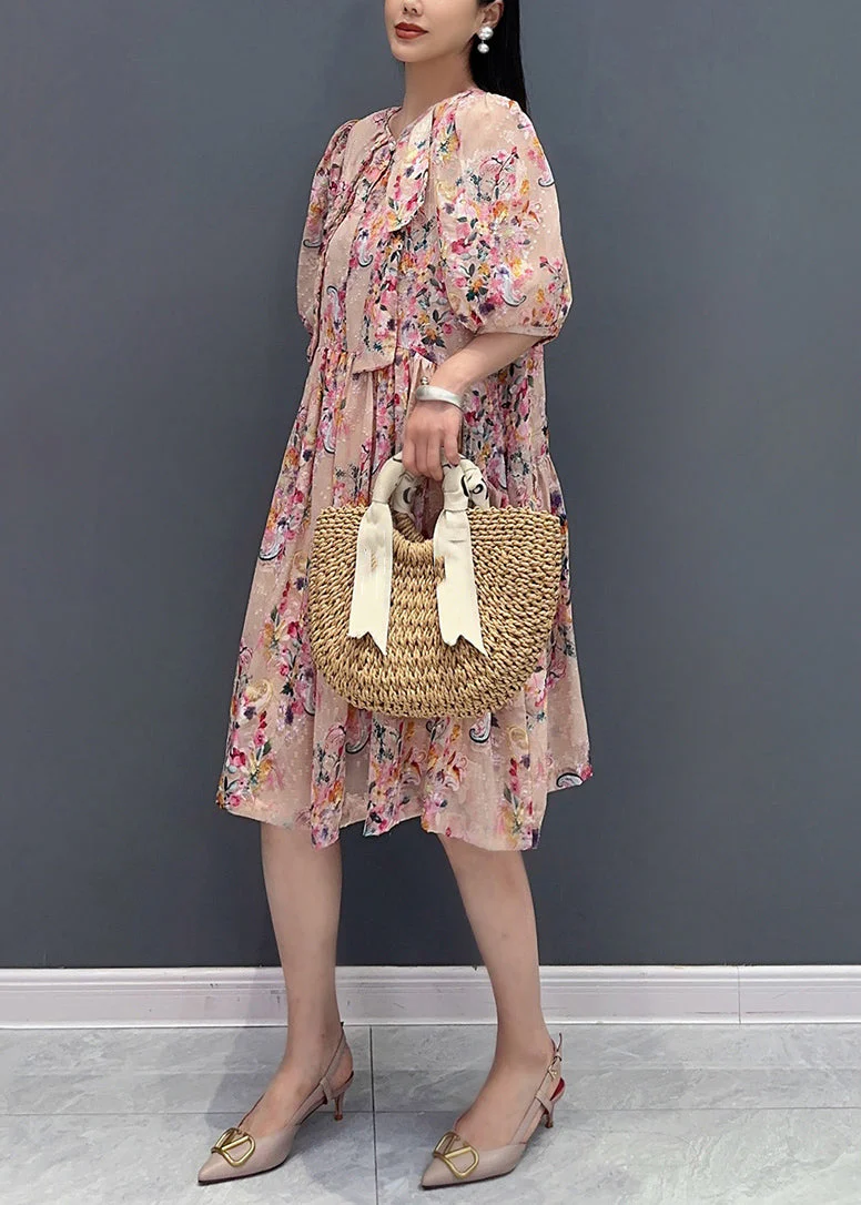 French Pink Print Fake Two Pieces Long Dress Summer - Image 4