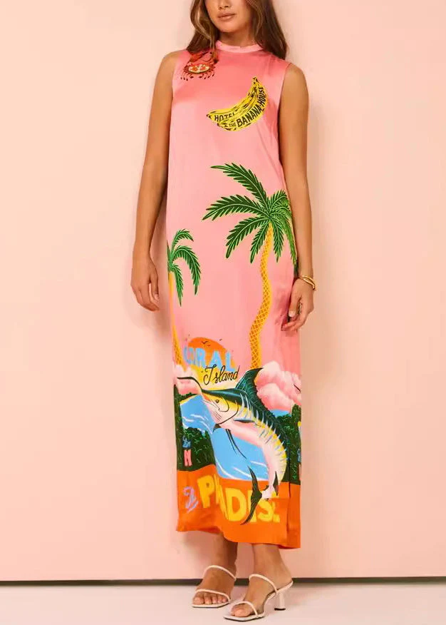 French Pink Print Side Open Silk Maxi Dresses Sleeveless - Image 2