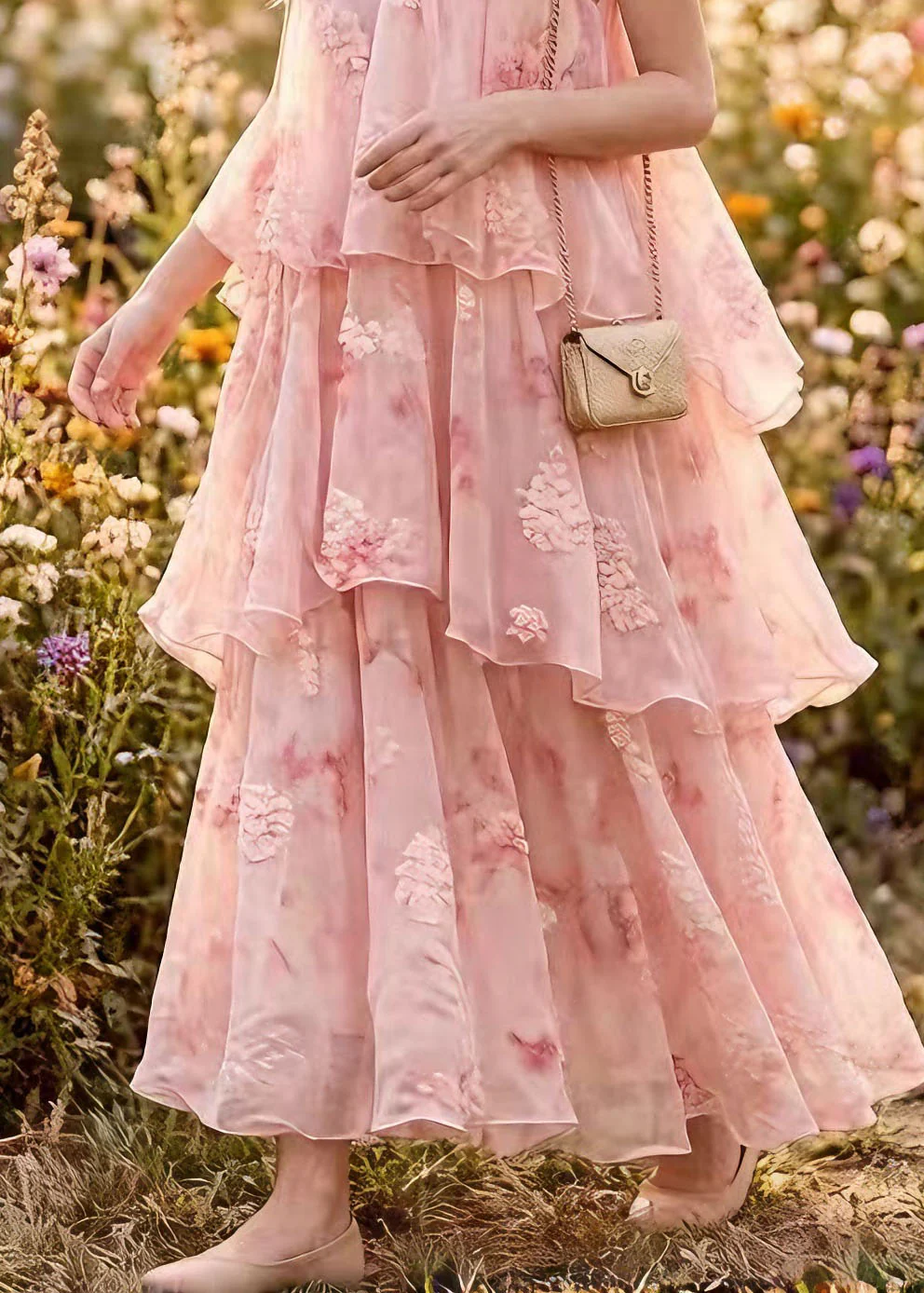 French Pink Ruffled Patchwork Chiffon Maxi Dresses Summer - Image 4