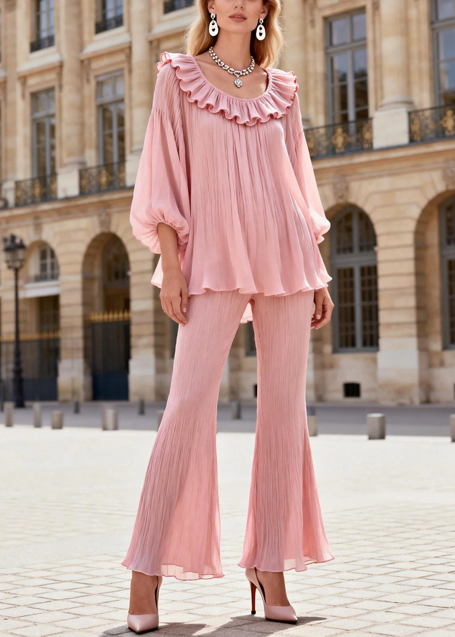 French Pink Ruffled Patchwork Chiffon Shirts And Flared Trousers Two Pieces Set Lantern Sleeve - Image 3