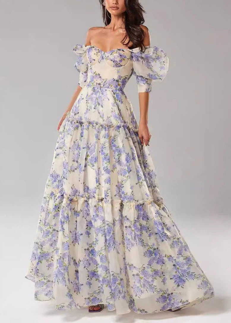 French Pink Ruffled Print Chiffon Long Dresses Summer - Image 2