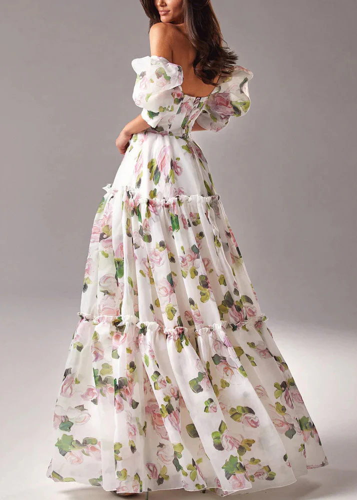 French Pink Ruffled Print Chiffon Long Dresses Summer - Image 3