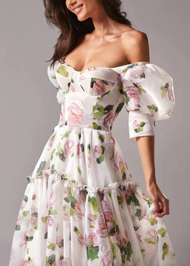 French Pink Ruffled Print Chiffon Long Dresses Summer - Image 5