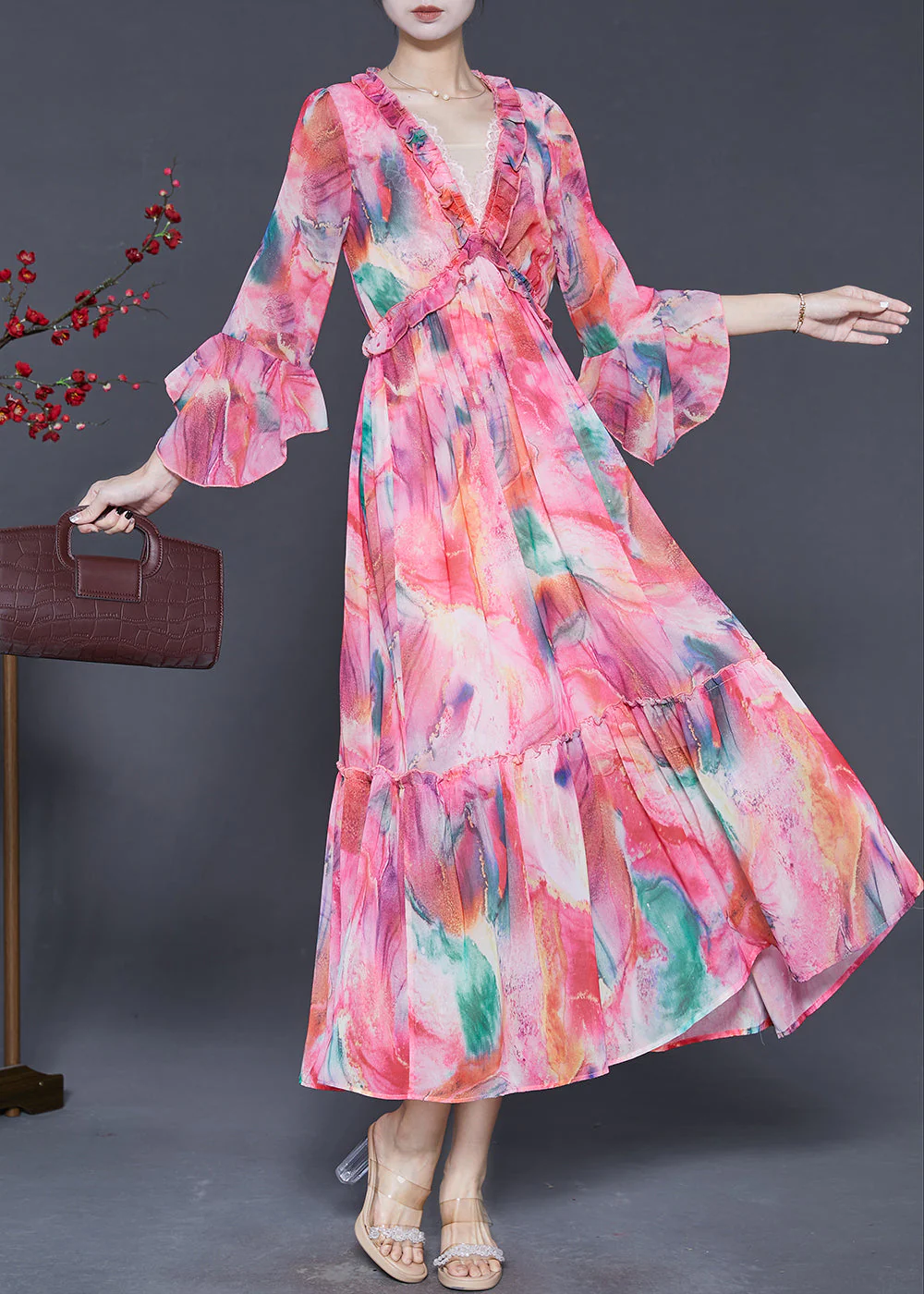 French Pink Ruffled Print Chiffon Party Dress Flare Sleeve - Image 2