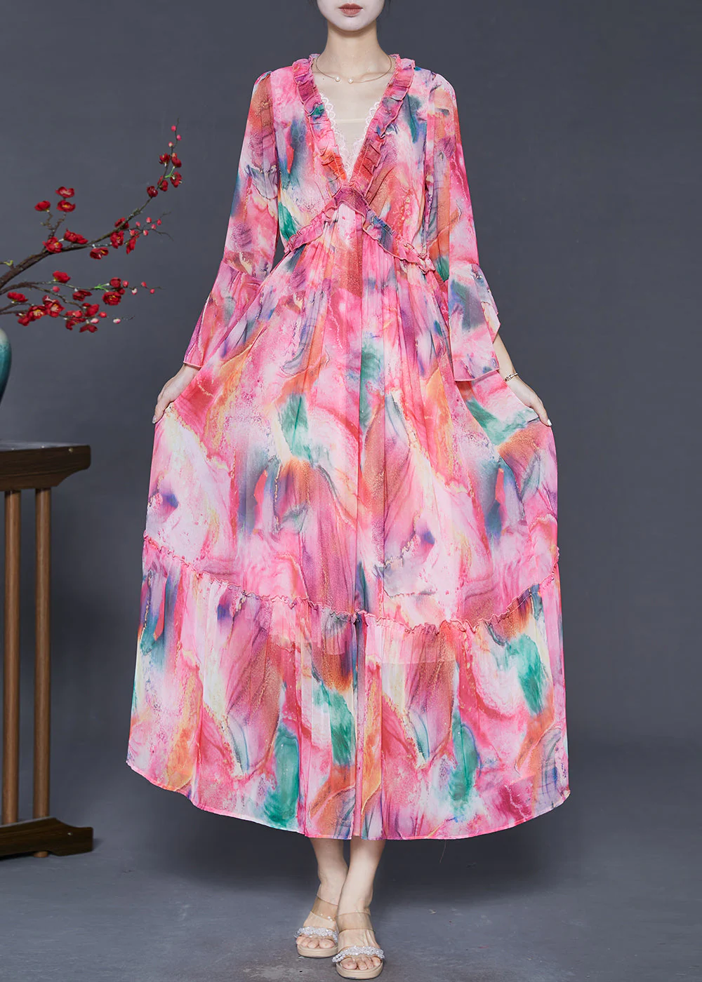 French Pink Ruffled Print Chiffon Party Dress Flare Sleeve - Image 3