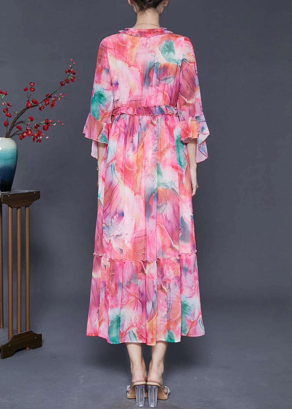 French Pink Ruffled Print Chiffon Party Dress Flare Sleeve - Image 4