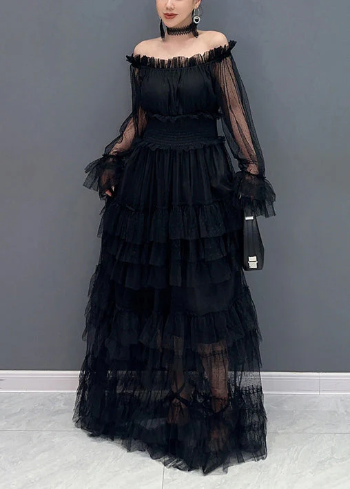 French Pink Slash Neck Ruffled Patchwork Tulle Dresses Long Sleeve - Image 2