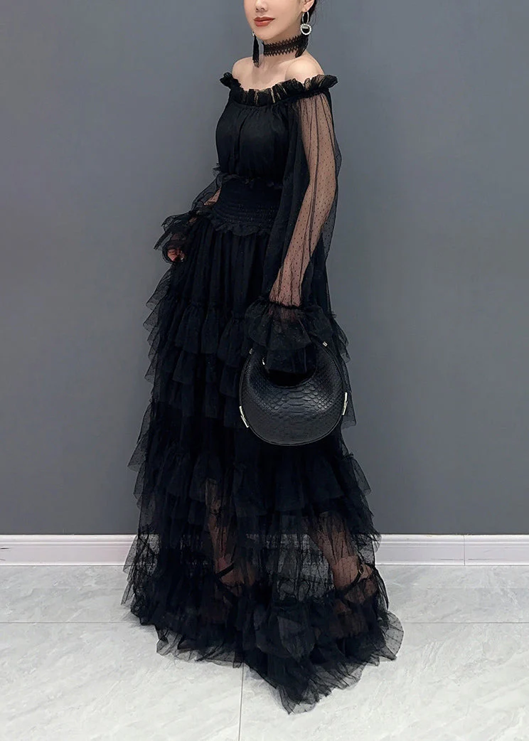 French Pink Slash Neck Ruffled Patchwork Tulle Dresses Long Sleeve - Image 4