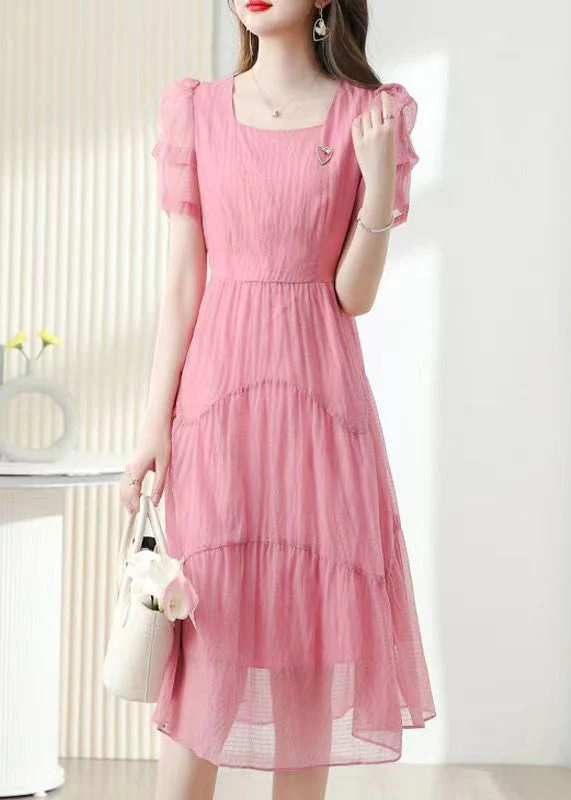 French Pink Square Collar Tie Waist Cotton Dress Short Sleeve