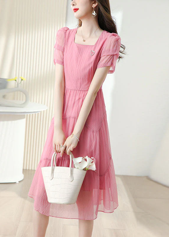 French Pink Square Collar Tie Waist Cotton Dress Short Sleeve - Image 2