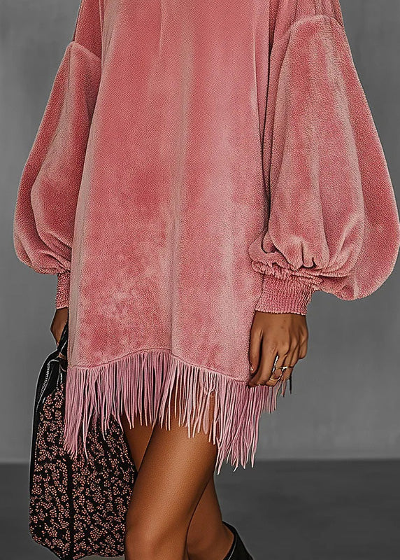 French Pink Tassel Patchwork Velvet Mid Dress Lantern Sleeve - Image 5