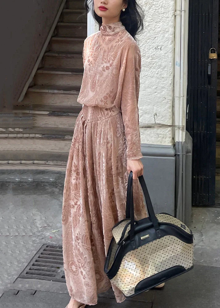 French Pink Turtleneck Print Silk Velvet Long Dress Long Sleeve - Image 2