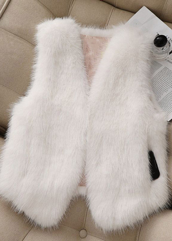 French Pink V Neck Pockets Faux Fur Vest Sleeveless - Image 2