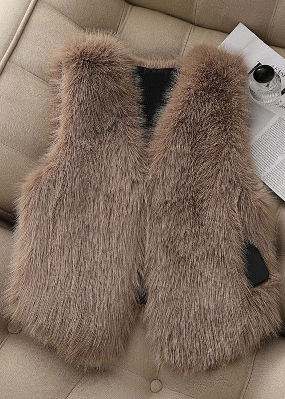 French Pink V Neck Pockets Faux Fur Vest Sleeveless - Image 3