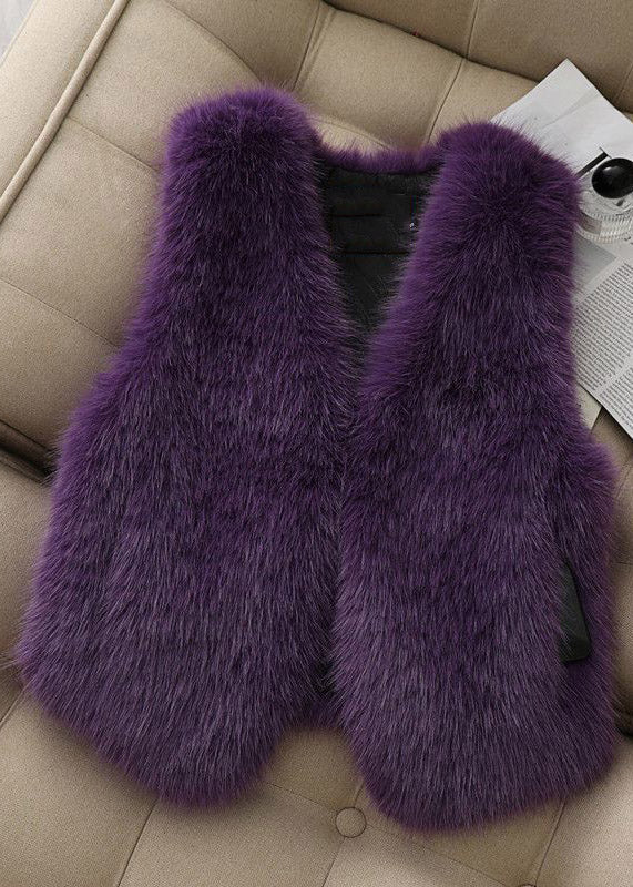 French Pink V Neck Pockets Faux Fur Vest Sleeveless - Image 4