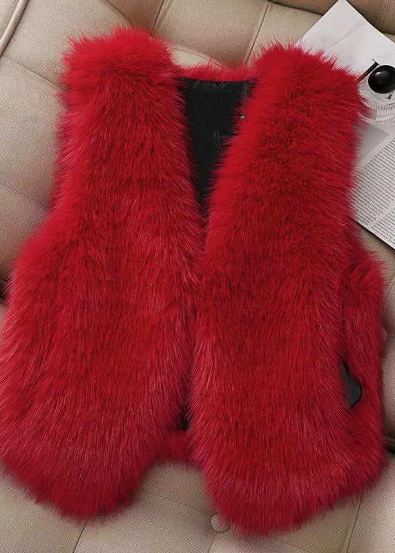 French Pink V Neck Pockets Faux Fur Vest Sleeveless - Image 5