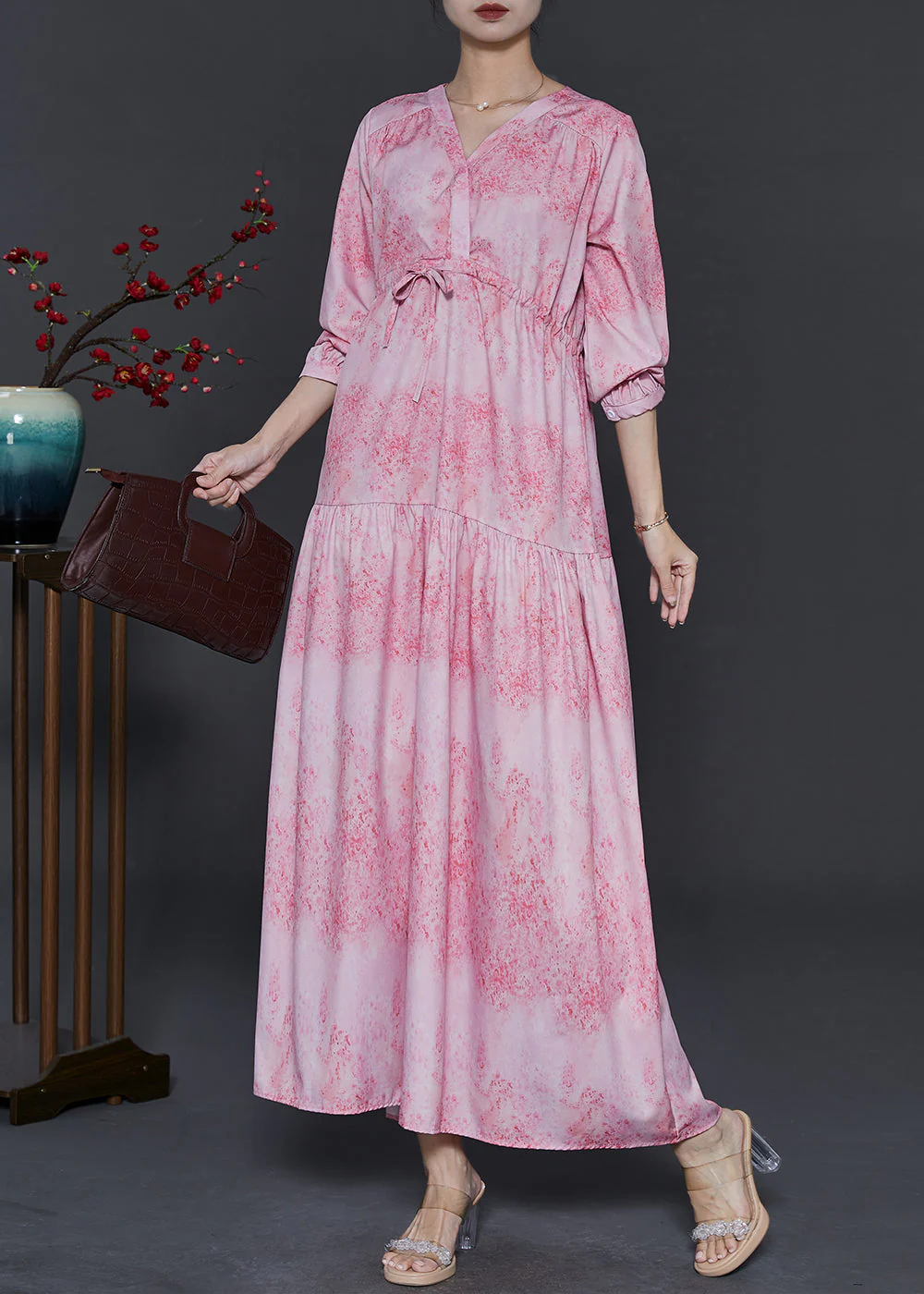 French Pink V Neck Print Chiffon Dresses Fall - Image 2