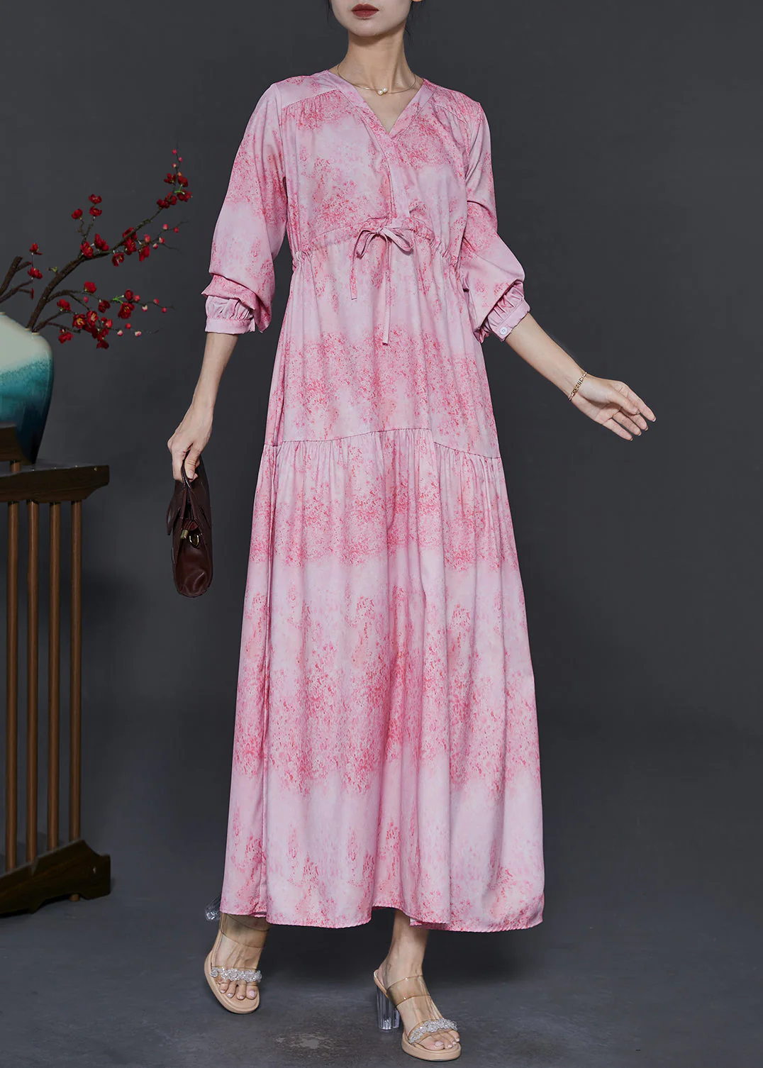 French Pink V Neck Print Chiffon Dresses Fall - Image 3