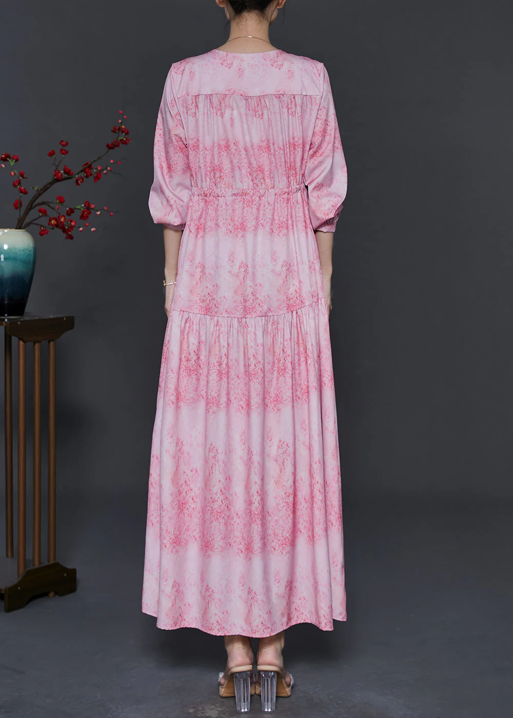 French Pink V Neck Print Chiffon Dresses Fall - Image 4