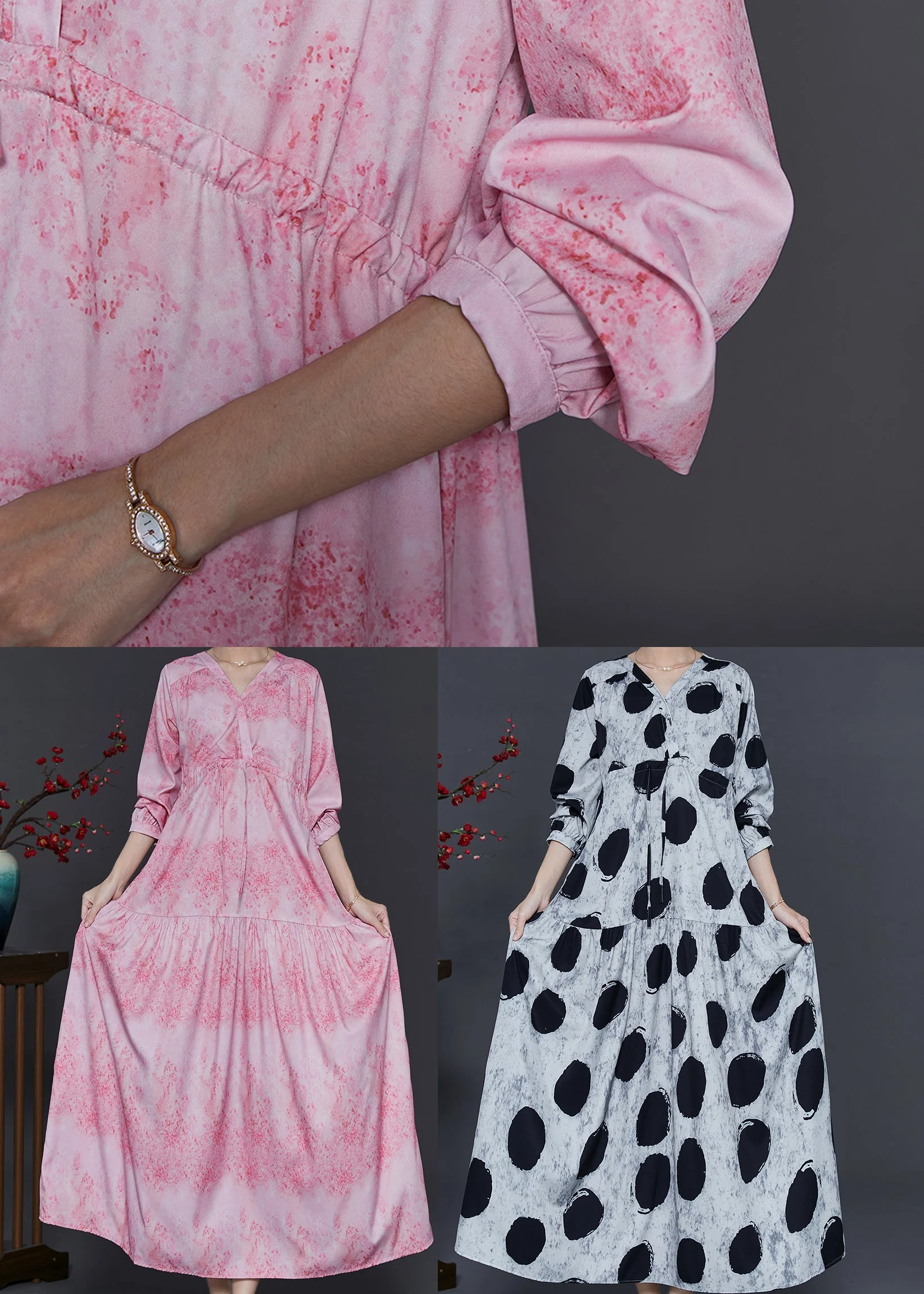 French Pink V Neck Print Chiffon Dresses Fall - Image 5