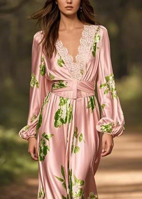French Pink V Neck Print Silk Maxi Dress Spring - Image 2