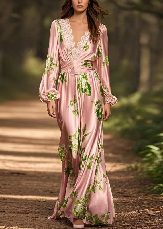 French Pink V Neck Print Silk Maxi Dress Spring - Image 3