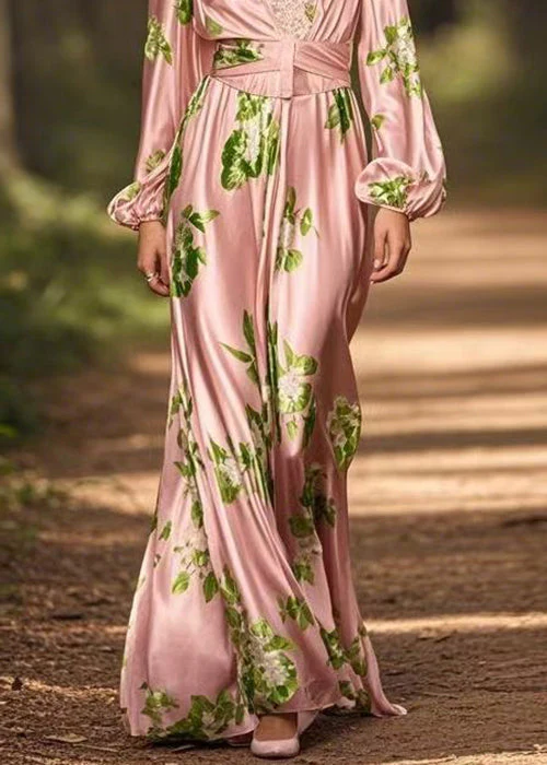 French Pink V Neck Print Silk Maxi Dress Spring - Image 4