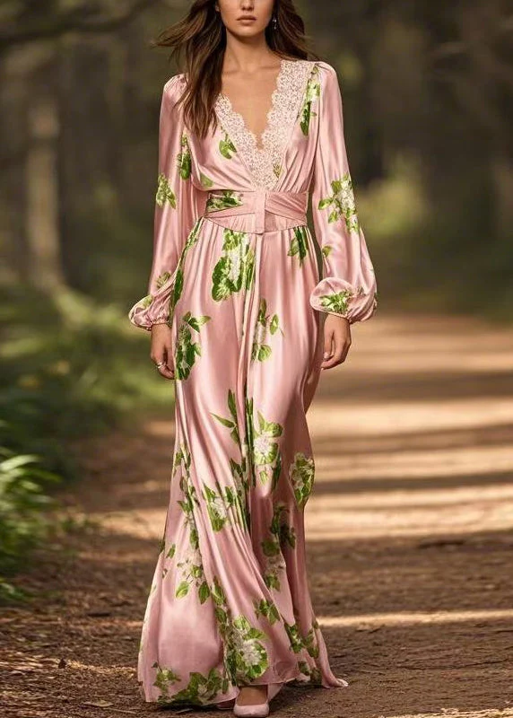 French Pink V Neck Print Silk Maxi Dress Spring - Image 5