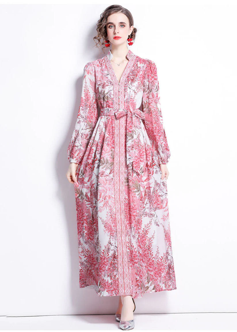 French Pink V Neck Tie Waist Print Patchwork Cotton Long Dresses Lantern Sleeve - Image 2