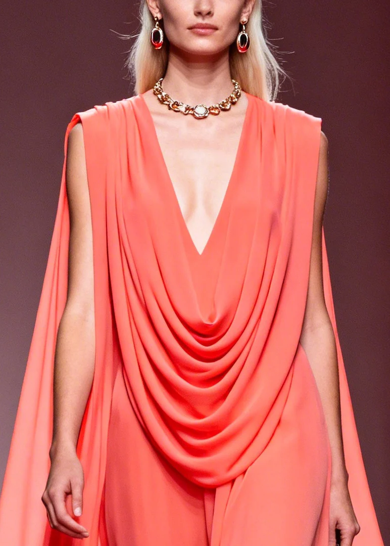 French Pink V Neck Wrinkled Exra Large Hem Chiffon Party Dress Summer - Image 2