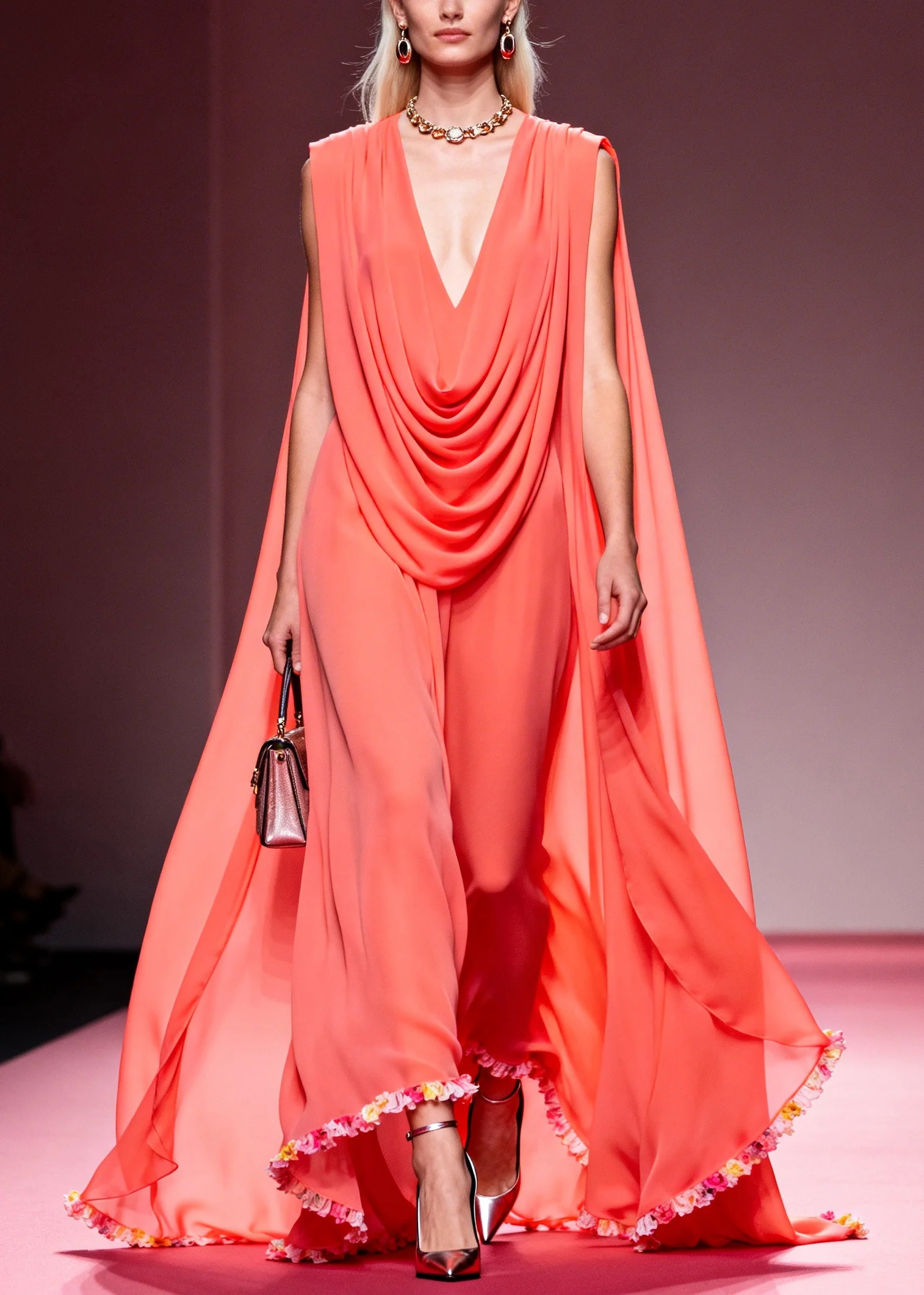 French Pink V Neck Wrinkled Exra Large Hem Chiffon Party Dress Summer - Image 3