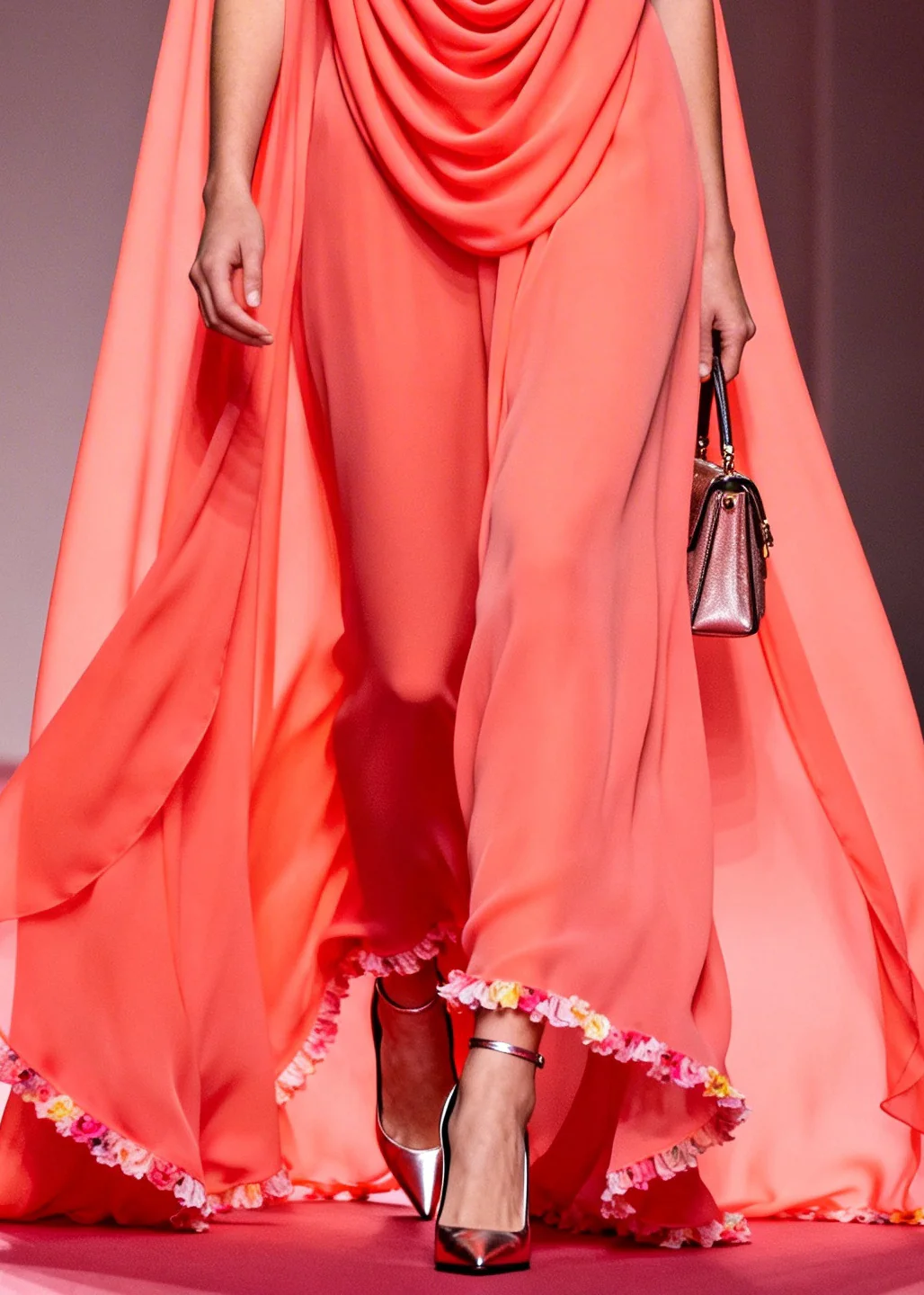 French Pink V Neck Wrinkled Exra Large Hem Chiffon Party Dress Summer - Image 4