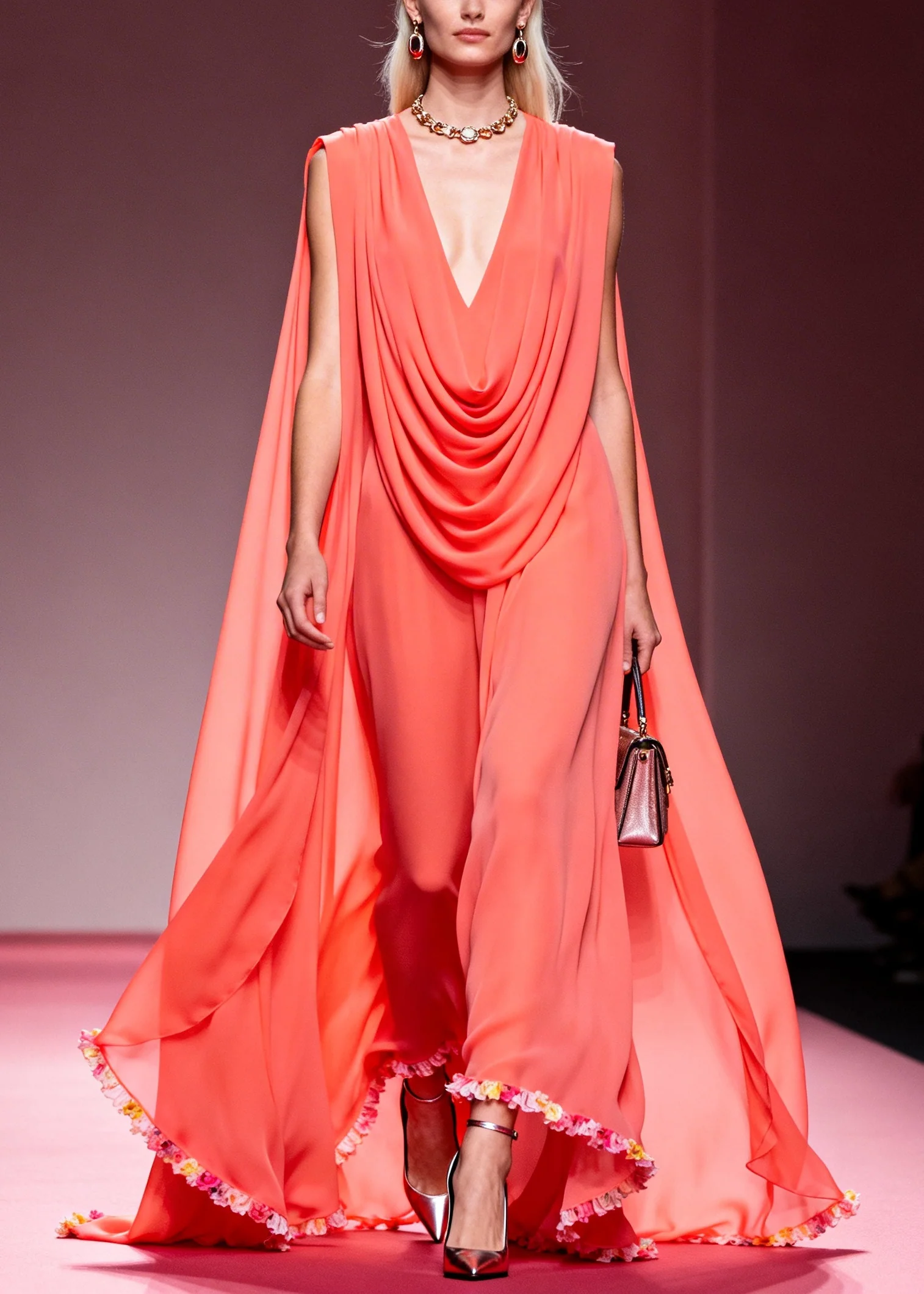 French Pink V Neck Wrinkled Exra Large Hem Chiffon Party Dress Summer - Image 5