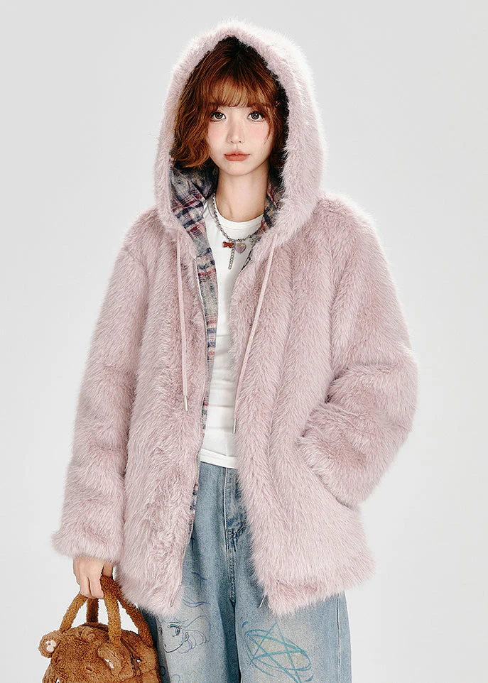 French Pink Zip Up Pockets Faux Fur Fluffy Hooded Coat Winter