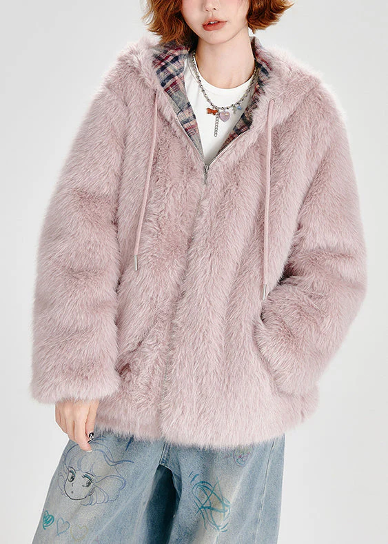 French Pink Zip Up Pockets Faux Fur Fluffy Hooded Coat Winter - Image 2