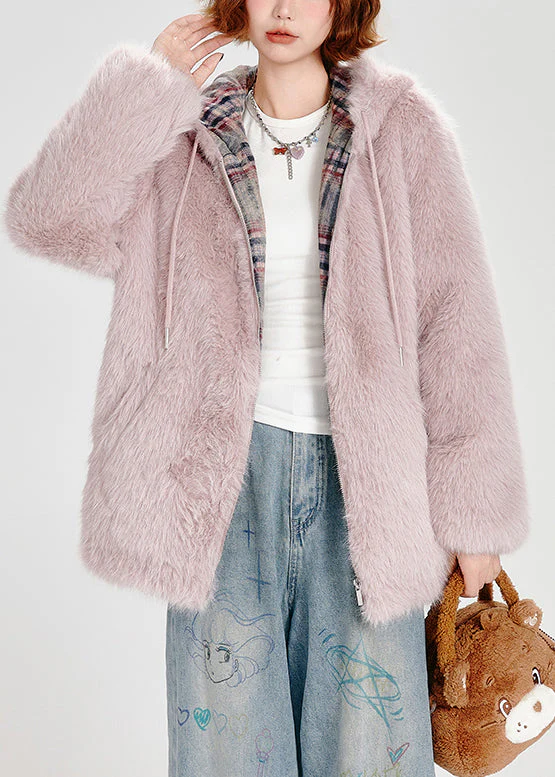 French Pink Zip Up Pockets Faux Fur Fluffy Hooded Coat Winter - Image 3