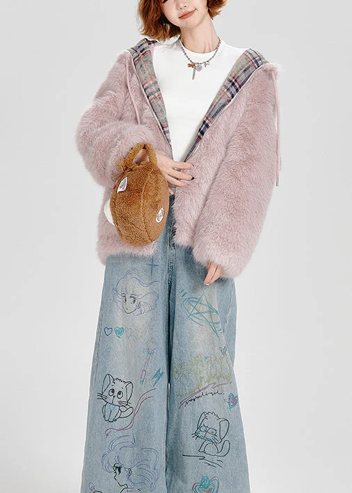 French Pink Zip Up Pockets Faux Fur Fluffy Hooded Coat Winter - Image 4