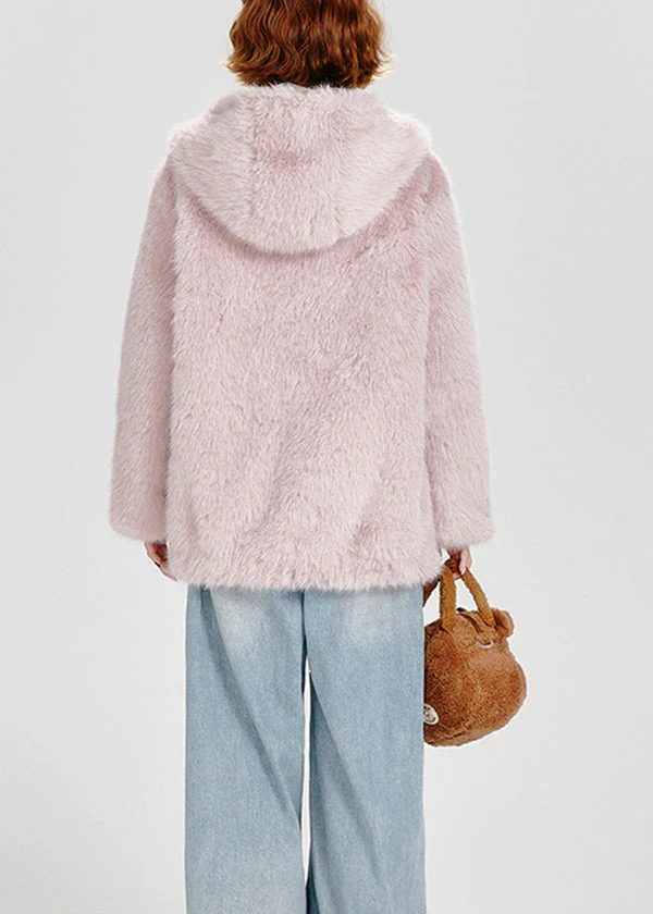 French Pink Zip Up Pockets Faux Fur Fluffy Hooded Coat Winter - Image 5