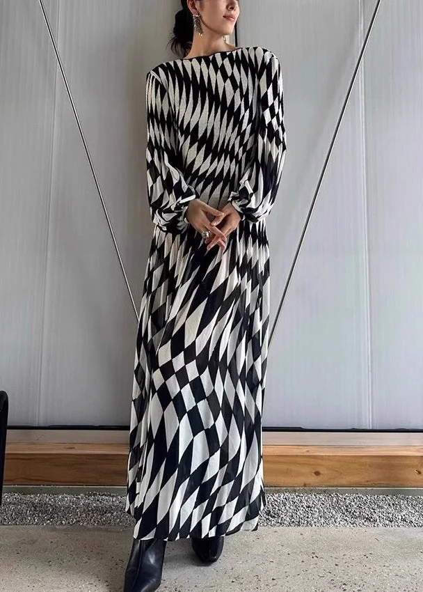 French Plaid O-Neck High Waist Chiffon Maxi Dresses Fall - Image 2