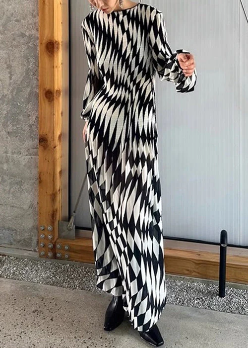 French Plaid O-Neck High Waist Chiffon Maxi Dresses Fall - Image 3